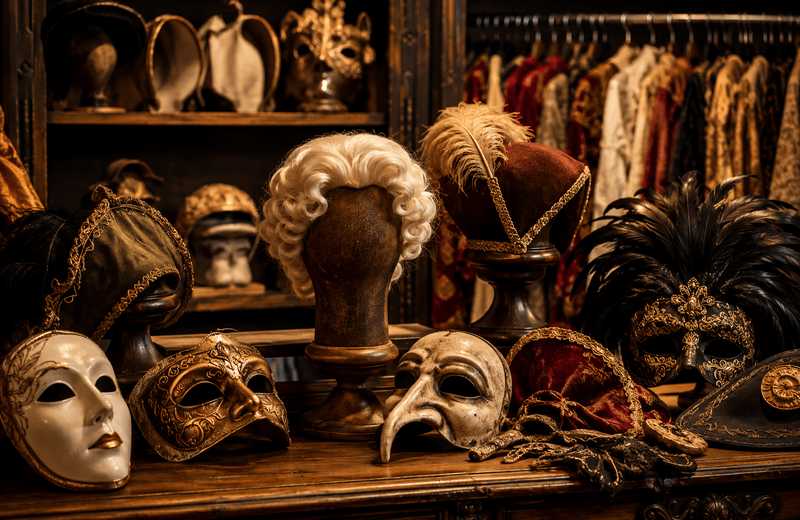 Masken und Perücken in Kostümbereich im Theater