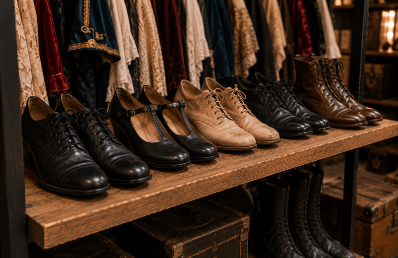 Schuh-Regal in Kostümbereich im Theater